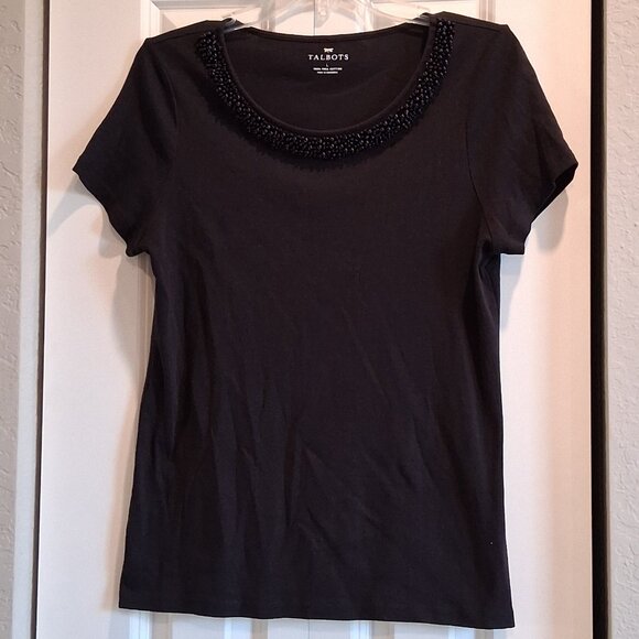 Talbots Black Beaded Puma Cotton Tee Women's Size L - Picture 5 of 13